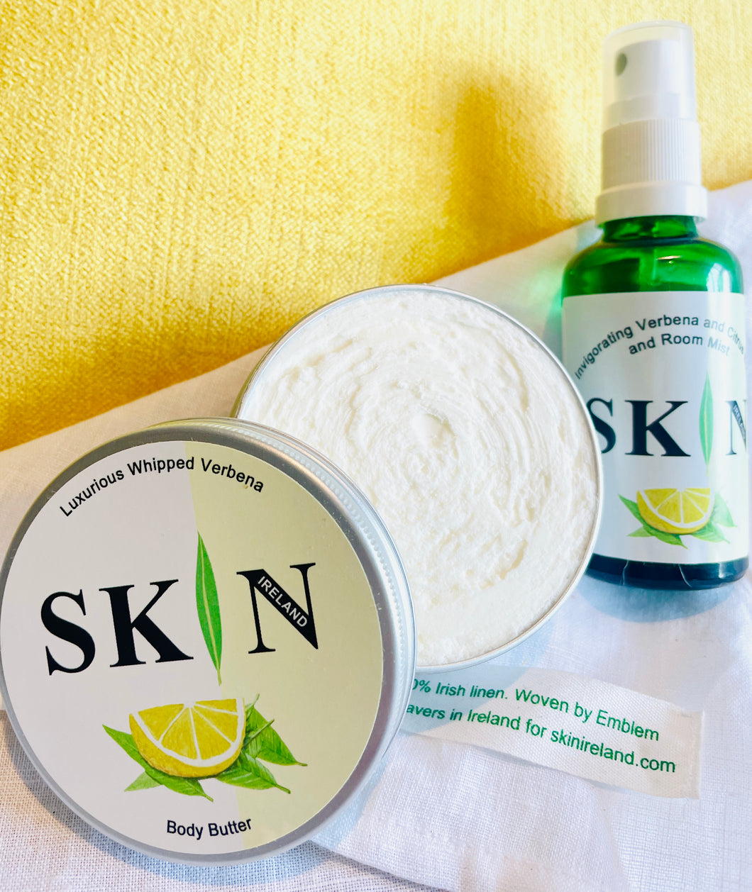 Gift Set of Large (200ml) Luxurious Verbena Body Butter and Verbena, Body and Room Mist in a linen/cotton gift bag.   Ready to gift - no wrapping necessary !  Use the bag again, handy for travel.