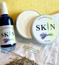 Load image into Gallery viewer, Gift Bag of Medium (100ml) Luxurious Lavender Body Butter and Relax into Sleep Lavender Pillow and Room Mist.  Gift bag features Irish grown and naturally dried flower, hand-sewn onto linen bag - Ready to gift - no wrapping necessary !
