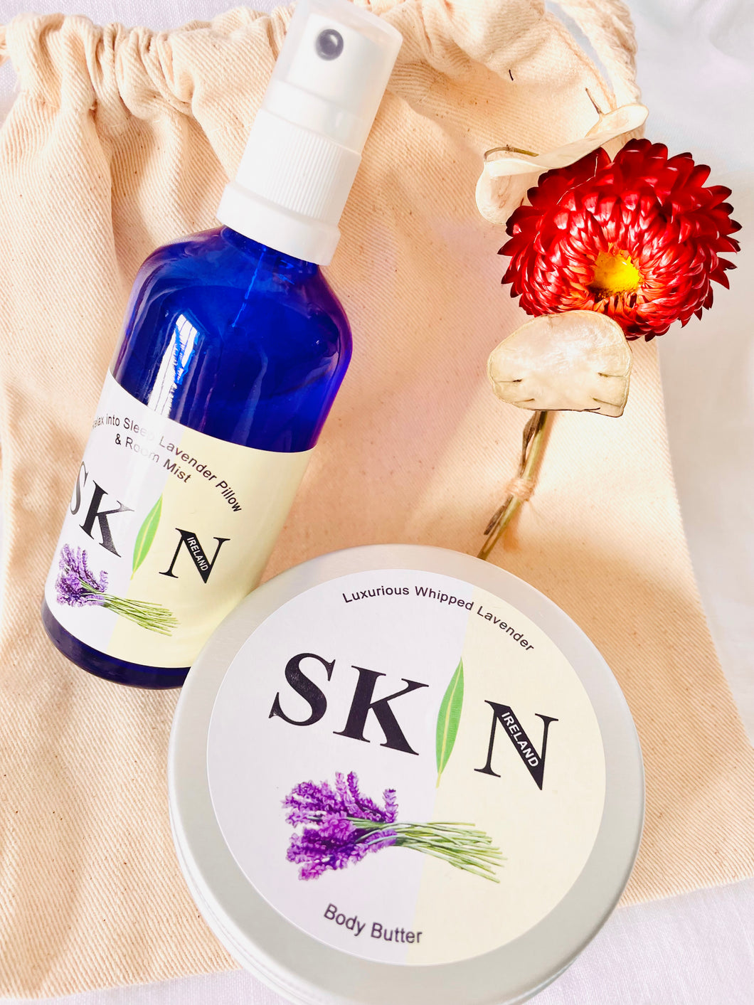 Gift Bag of Large (200ml) Luxurious Lavender Body Butter and Relax into Sleep Lavender Pillow and Room Mist.  Gift bag features Irish grown and naturally dried flower, hand-sewn onto linen bag.  Ready to gift - no wrapping necessary!