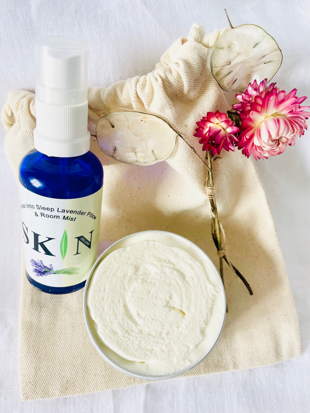 Gift Bag of Medium (100ml) Luxurious Lavender Body Butter and Relax into Sleep Lavender Pillow and Room Mist.  Gift bag features Irish grown and naturally dried flower, hand-sewn onto linen bag - Ready to gift - no wrapping necessary !