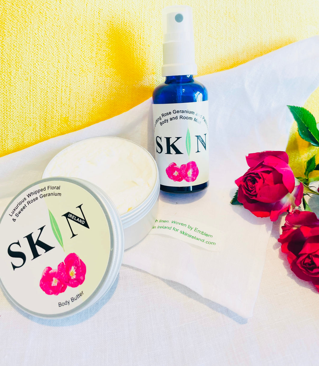 Gift Set of Medium (100ml) Luxurious Rose Geranium Body Butter and Spirit-lifting Rose Geranium Body and Room Mist in a linen/cotton gift bag.  Ready to gift - no wrapping necessary!  Use the bag again, handy for travel.