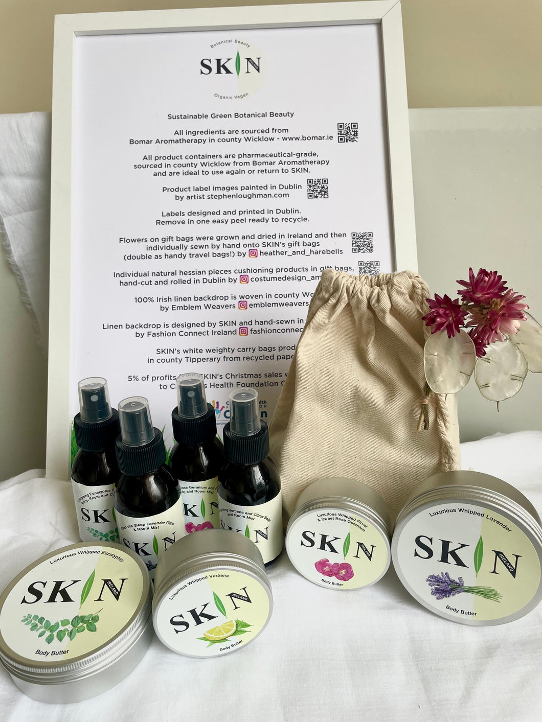 Sustainable Gift Bag of Large (200ml) Luxurious Lavender Body Butter and Relax into Sleep Lavender Pillow and Room Mist.  Gift bag features Irish grown and naturally dried flower, hand-sewn onto linen bag - handy for travel !