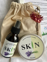 Load image into Gallery viewer, Sustainable Gift Bag of Large (200ml) Luxurious Lavender Body Butter and Relax into Sleep Lavender Pillow and Room Mist.  Gift bag features Irish grown and naturally dried flower, hand-sewn onto linen bag - handy for travel !
