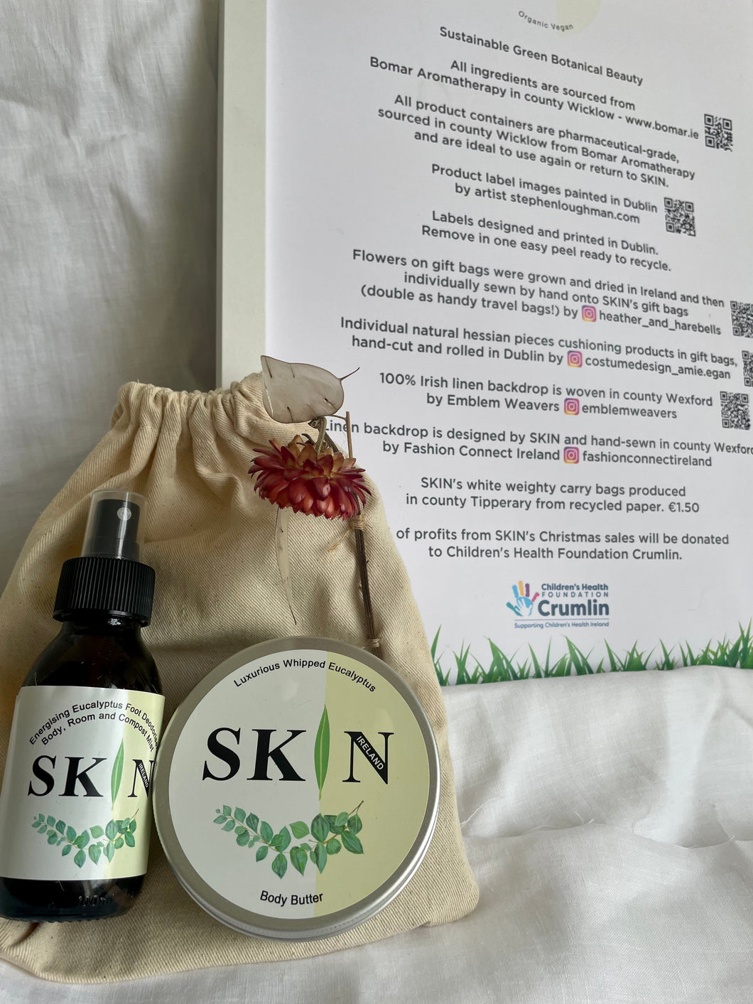 Sustainable Gift Bag of Large (200ml) Luxurious Eucalyptus Body Butter and Energising Eucalyptus Foot Deodoriser, Body and Room Mist. Gift bag features Irish grown and naturally dried flower, hand-sewn onto linen bag - handy for travel !