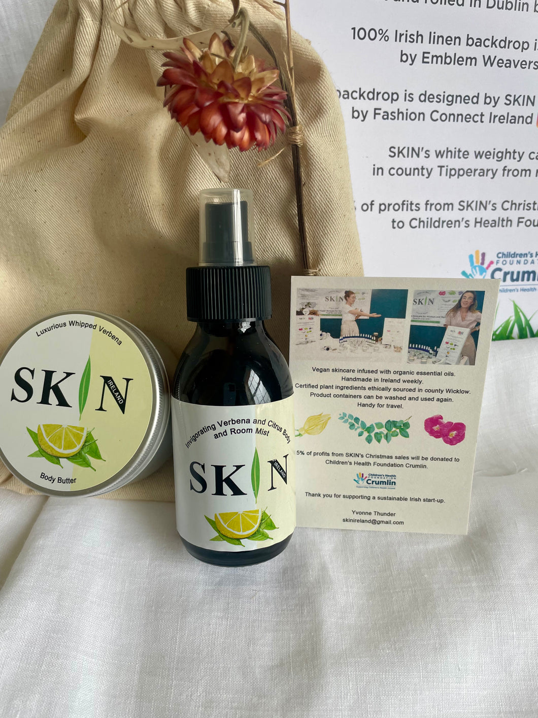 Sustainable Gift Bag of Medium (100ml) Luxurious Verbena Body Butter and Invigorating Verbena Citrus Body and Room Mist.  Gift bag features Irish grown and dried flower, hand-sewn onto linen bag.  Ready to gift - no wrapping necessary!